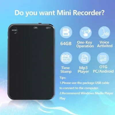Spy Voice Recorder, Mini Voice Recorder with Sensitive Noise Recording Mode, Voice Activated Audio Recording, 60 Hours Recoding, Surrounding Noise Cancellation